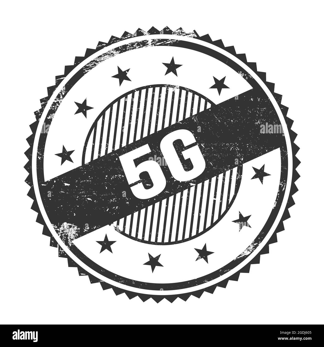 Texte de 5G écrit sur un timbre rond noir à bordure en zigzag grungy. Banque D'Images