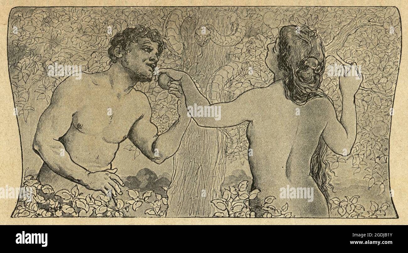 Eve tentante Adam avec une pomme dans le jardin d'Eden, 1902 Banque D'Images