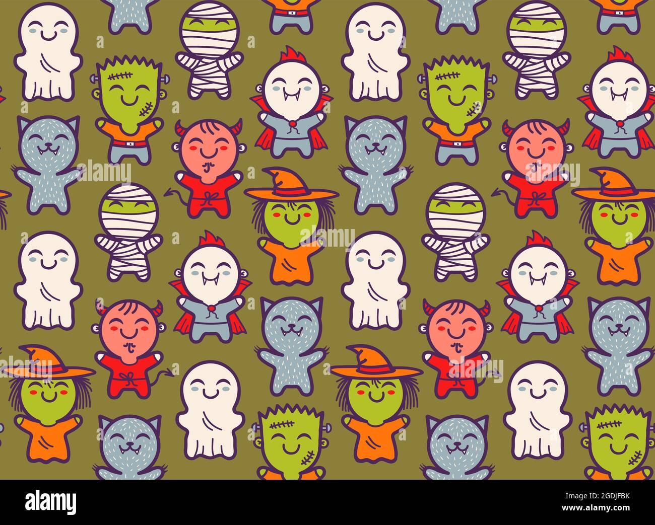 Motif vectoriel sans coutures avec enfants en costumes pour Halloween. Motif avec de jolis enfants dans les costumes de monstres d'Halloween. Texture Halloween. Illustration de Vecteur