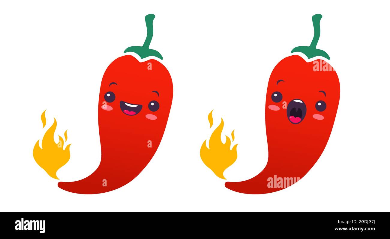 Ensemble vectoriel de piments épicés avec une flamme dans le style kawaii. Piment rouge de dessin animé avec une flamme pour la cuisine mexicaine ou thaïlandaise. Dessin animé o Illustration de Vecteur