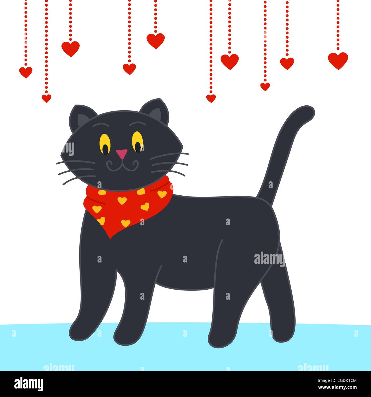 Un joli foulard jaune amusant et tendance est orné de quatre pattes, et des guirlandes festives en forme de cœur sont suspendues par le haut. Carte de voeux heureuse Saint Valentin. Illustration vectorielle Illustration de Vecteur