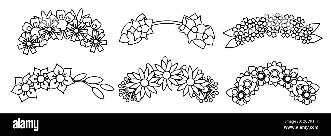 Couronnes fleurs abstrait plat ligne noire contour icônes ensemble. Chaplet sur la collection de plantes de tête isolée sur fond blanc. Diadème botanique de mariage. Elément de conception. Illustration de Vecteur