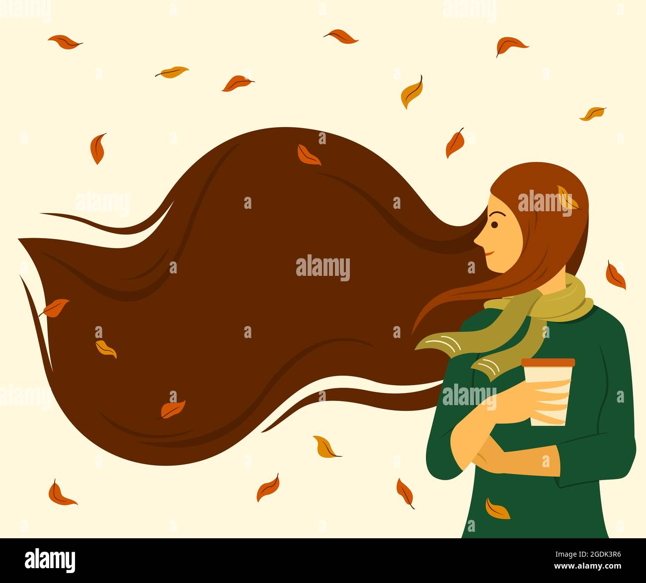 Femme aux cheveux longs avec espace de copie et feuilles séchées flottant dans le vent de la saison d'automne. Illustration de Vecteur