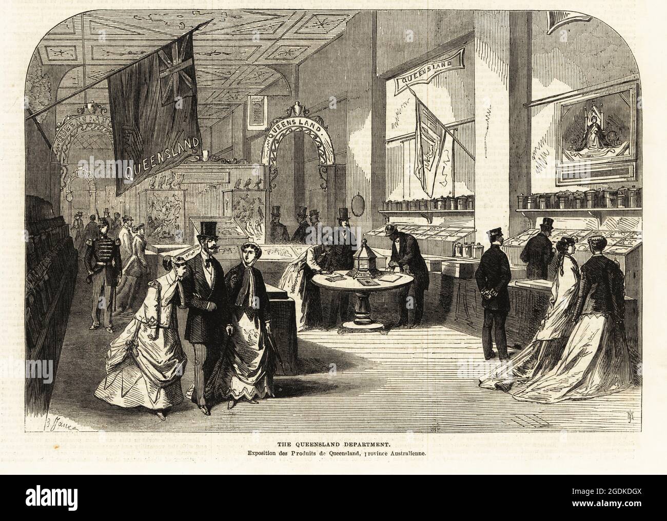 Visiteurs regardant les cas d'oiseaux, de produits et d'articles d'exportation dans le département du Queensland, Australie, à l'exposition universelle de Paris, 1867. Murs décorés de drapeaux et d'une peinture de la reine Victoria. Gravure sur bois par JM du supplément à l'Illustrated London News, Londres, 8 juin 1867. Banque D'Images