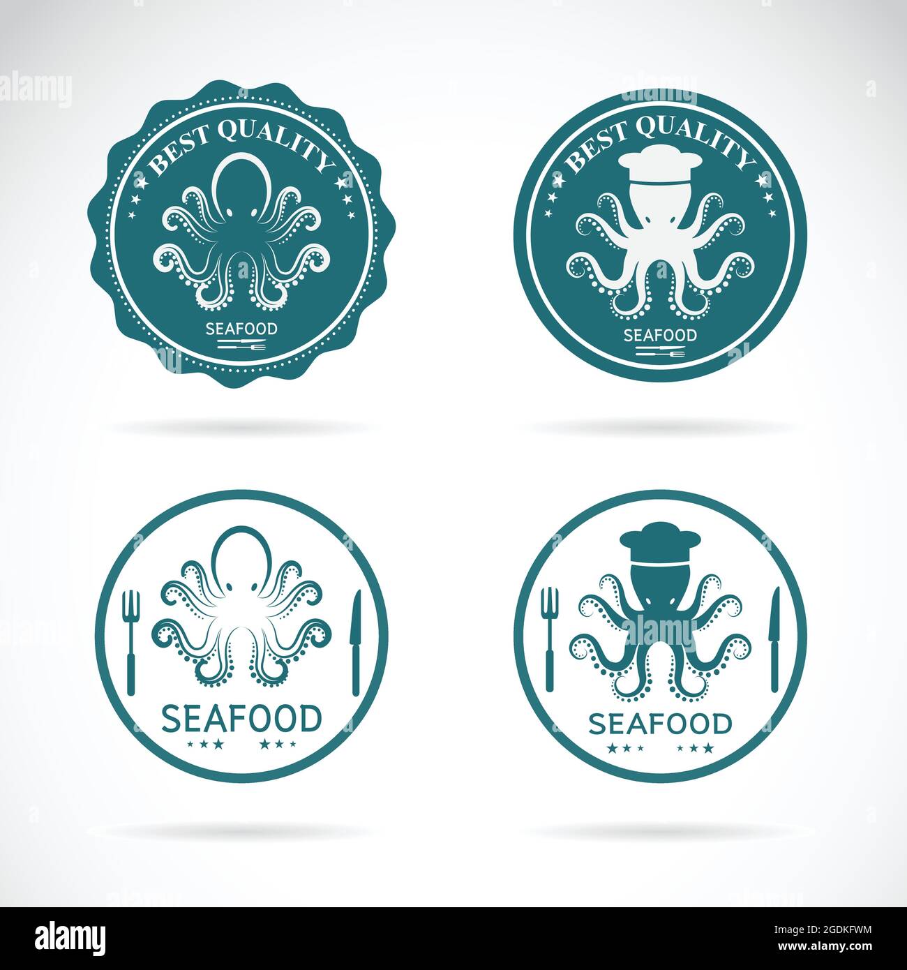 Ensemble d'étiquettes de fruits de mer à poulpe vectorielle sur fond blanc. Logo animal. Illustration vectorielle superposée facile à modifier. Animaux sauvages. Illustration de Vecteur