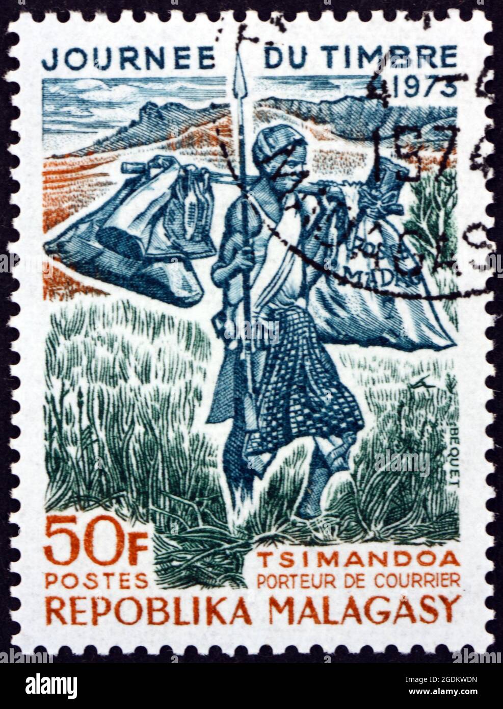MALGACHE - VERS 1973: Un timbre imprimé à Malgache, Madagascar montre Tsimandoa Mail Carrier, vers 1973 Banque D'Images