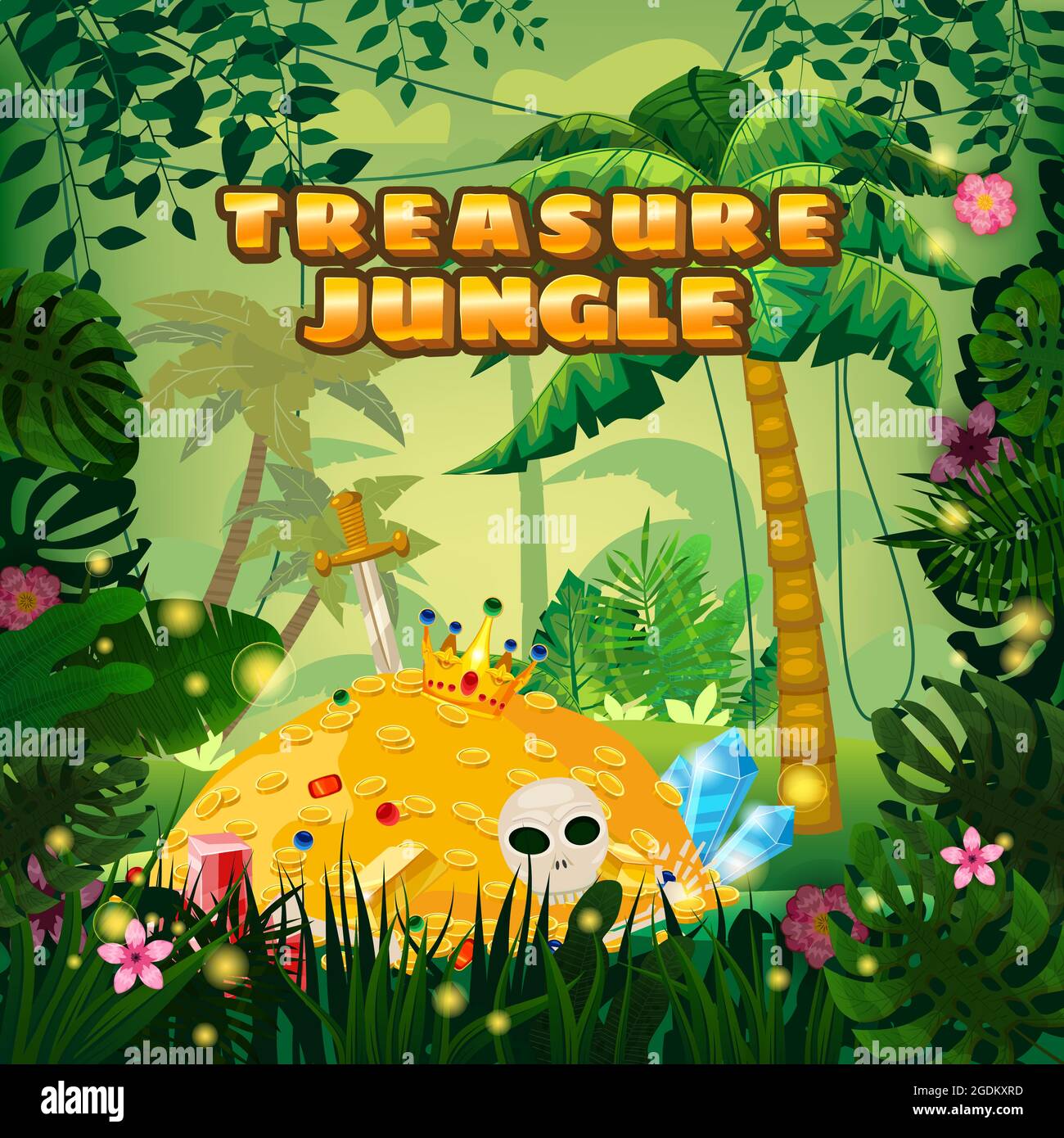 Treasure Jungle, Tropical Rainforest, Pirate pile d'or pleine de pièces d'or pierres précieuses épée de couronne. Palmiers de forêt exotique différentes feuilles de plantes exotiques Illustration de Vecteur