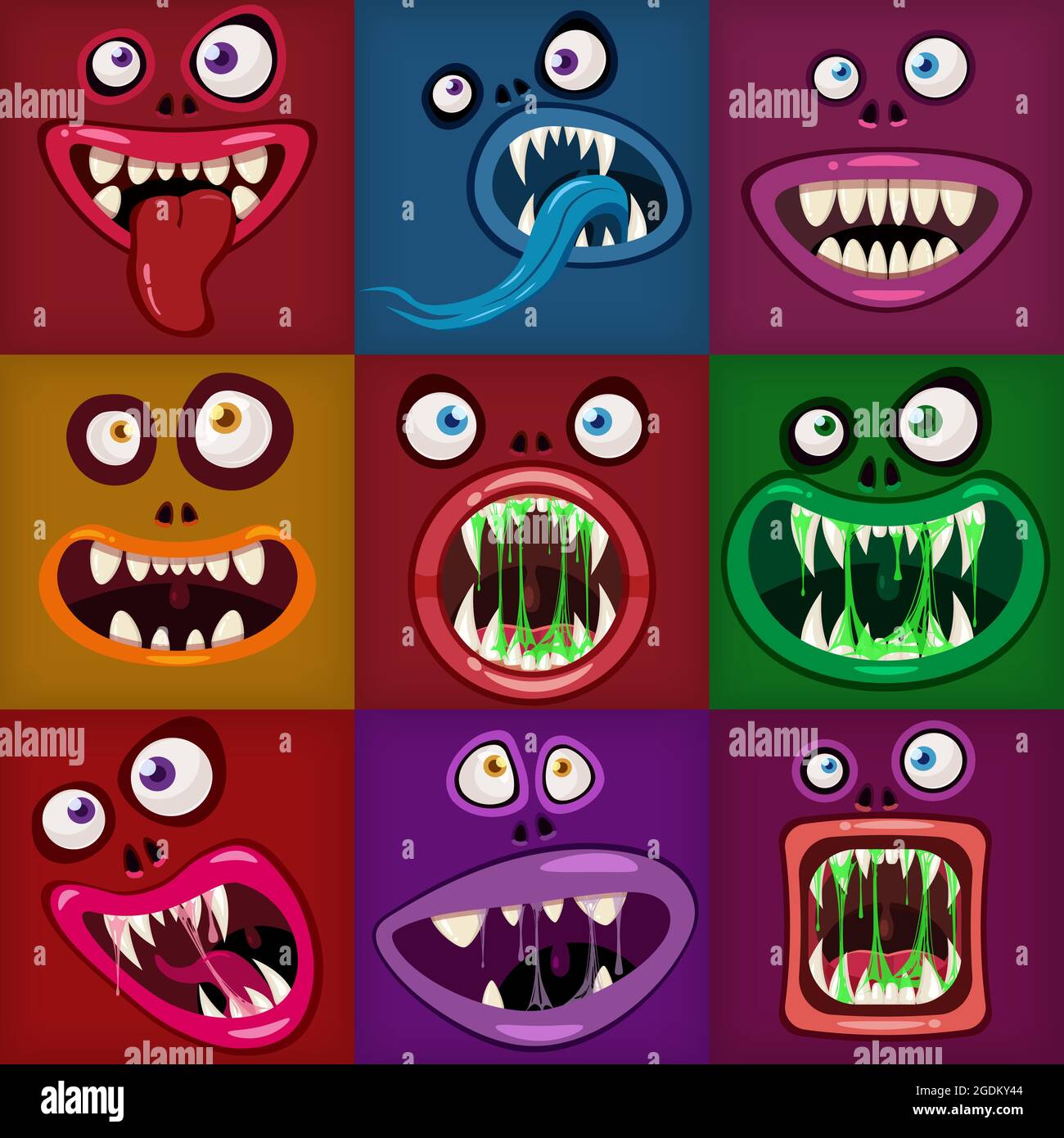 Mettez en place les mouths de Monsters de crème et effrayant Halloween. Drôles mâchoires teeths langue créatures expression monstre horreur drool citron vert. Illustration vectorielle isolée Illustration de Vecteur