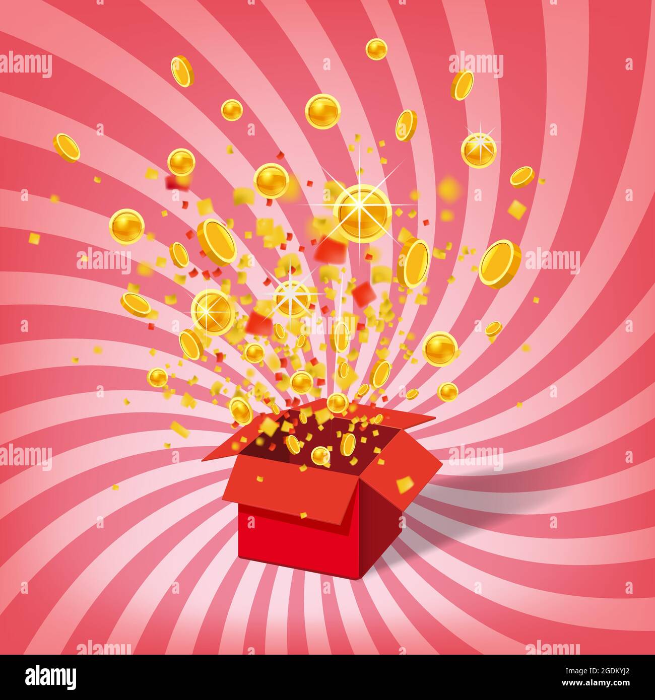Boîte avec pièces Eclater, Blast. Ouvrez la boîte cadeau rouge et les  confettis. Win, casino, loterie, quiz. Arrière-plan des rayures en spirale.  Illustration vectorielle. Isolé Image Vectorielle Stock - Alamy