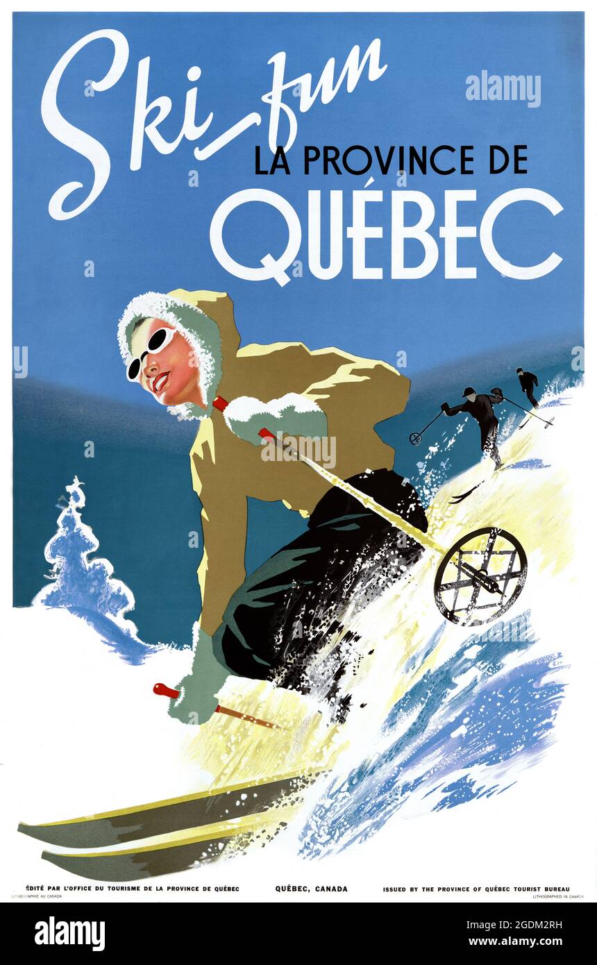 Ski amusant. La provence de Québec. Artiste inconnu. Affiche ancienne restaurée publiée en 1948 au Canada. Banque D'Images