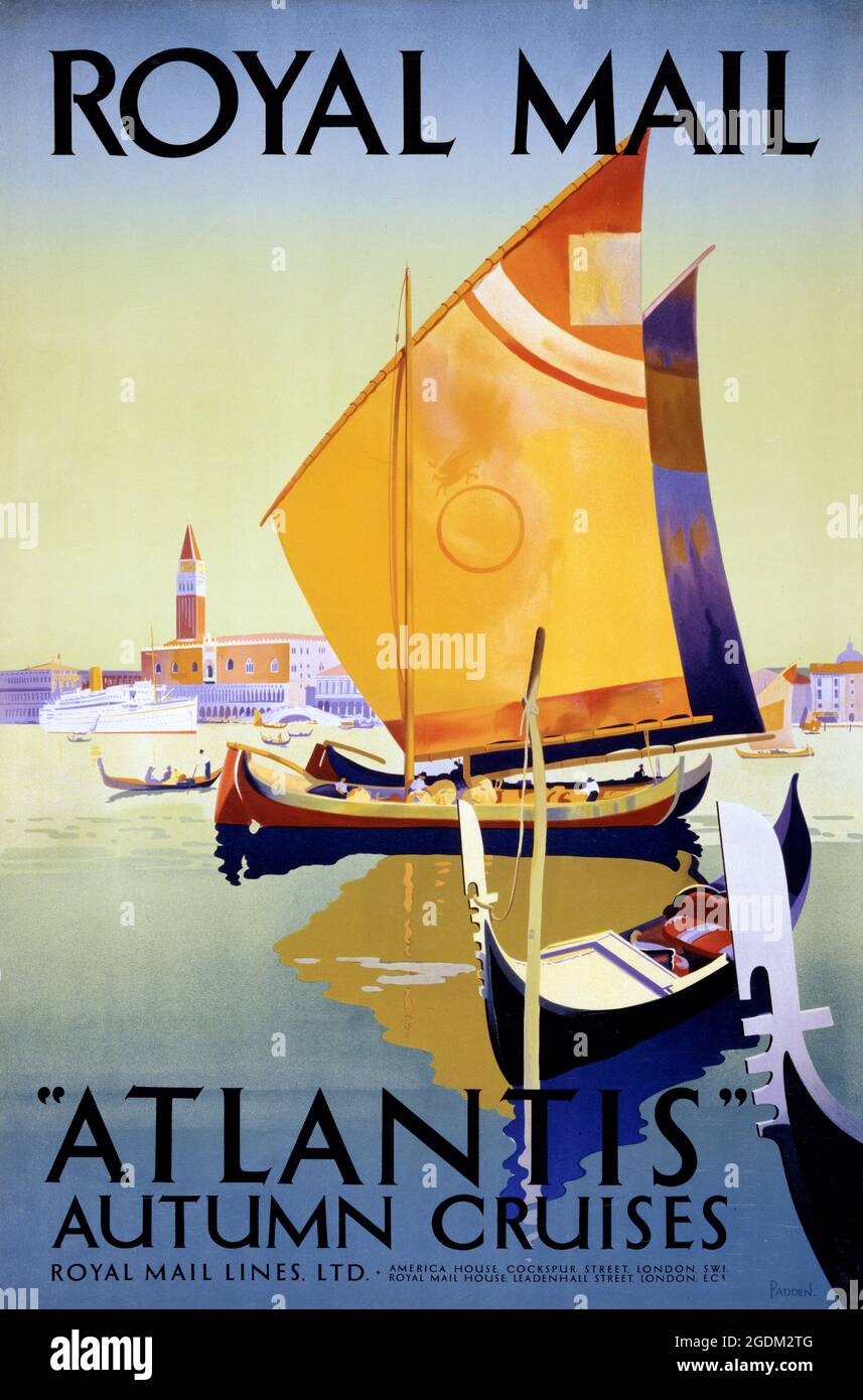 Royal Mail. Croisières d'automne Atlantis par Daphne Padden (1927-2009). Affiche ancienne restaurée publiée dans les années 1940 au Royaume-Uni. Banque D'Images