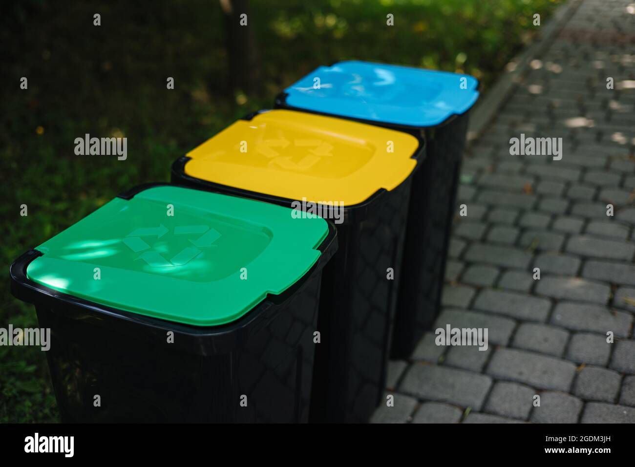 À l'extérieur, dans le parc, il y a des bacs de recyclage de différentes couleurs. Bacs en plastique fermés pour arbre. Vert, yeallow et bleu Banque D'Images
