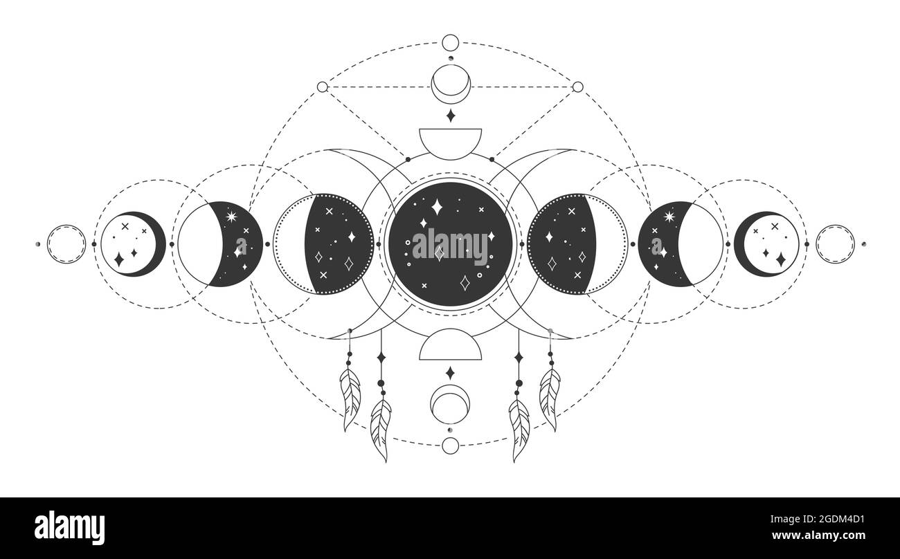Phases de la lune magique, phase lunaire sacrée mystique. Tatouage d
