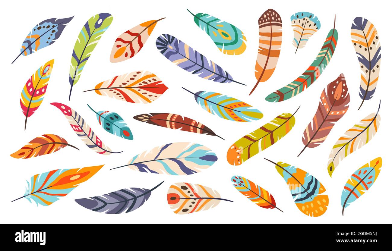 Plumes tribales, boho ethnique stylisée plume d'oiseau. Dessin animé plat élégant bohème coloré plumes, ensemble de vecteurs de plumes indigènes. Accessoire vif et lumineux pour une décoration isolée Illustration de Vecteur