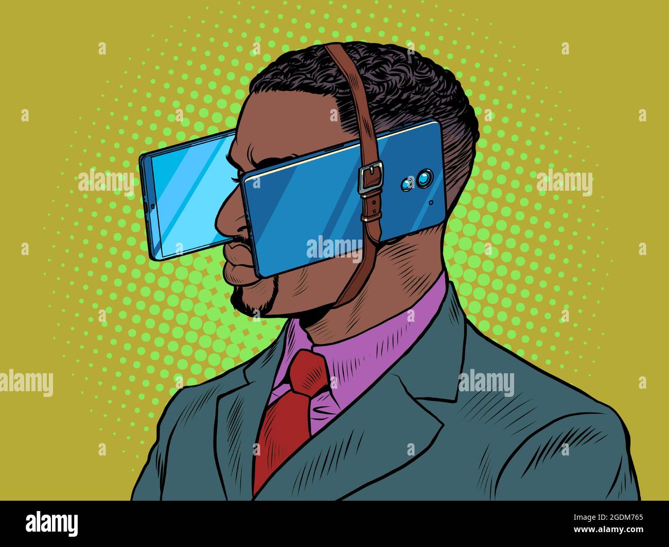 L'homme noir dans la réalité virtuelle. Dépendance aux gadgets Illustration de Vecteur