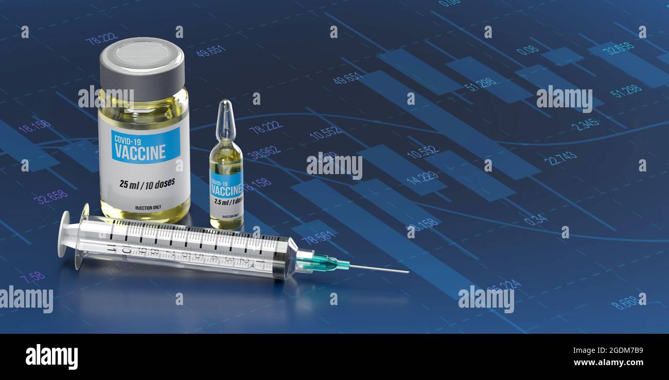 Vaccin et seringue Covid-19 rendus en 3D. Graphique linéaire économique et financier avec espace de copie. Diagrammes de données montrant l'augmentation du nouveau mutant Delta Banque D'Images