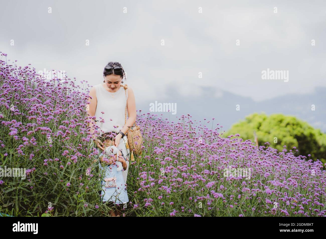 Mère et fille asiatiques voyageant à Verbena Garden Hill en Thaïlande Banque D'Images