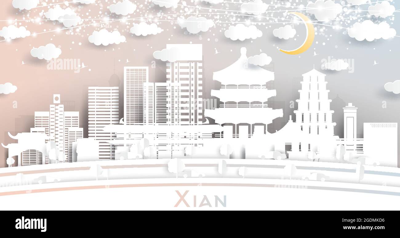 Xian China City Skyline en style papier coupé avec White Buildings, Moon et Neon Garland. Illustration vectorielle. Concept de voyage et de tourisme. Xian. Illustration de Vecteur