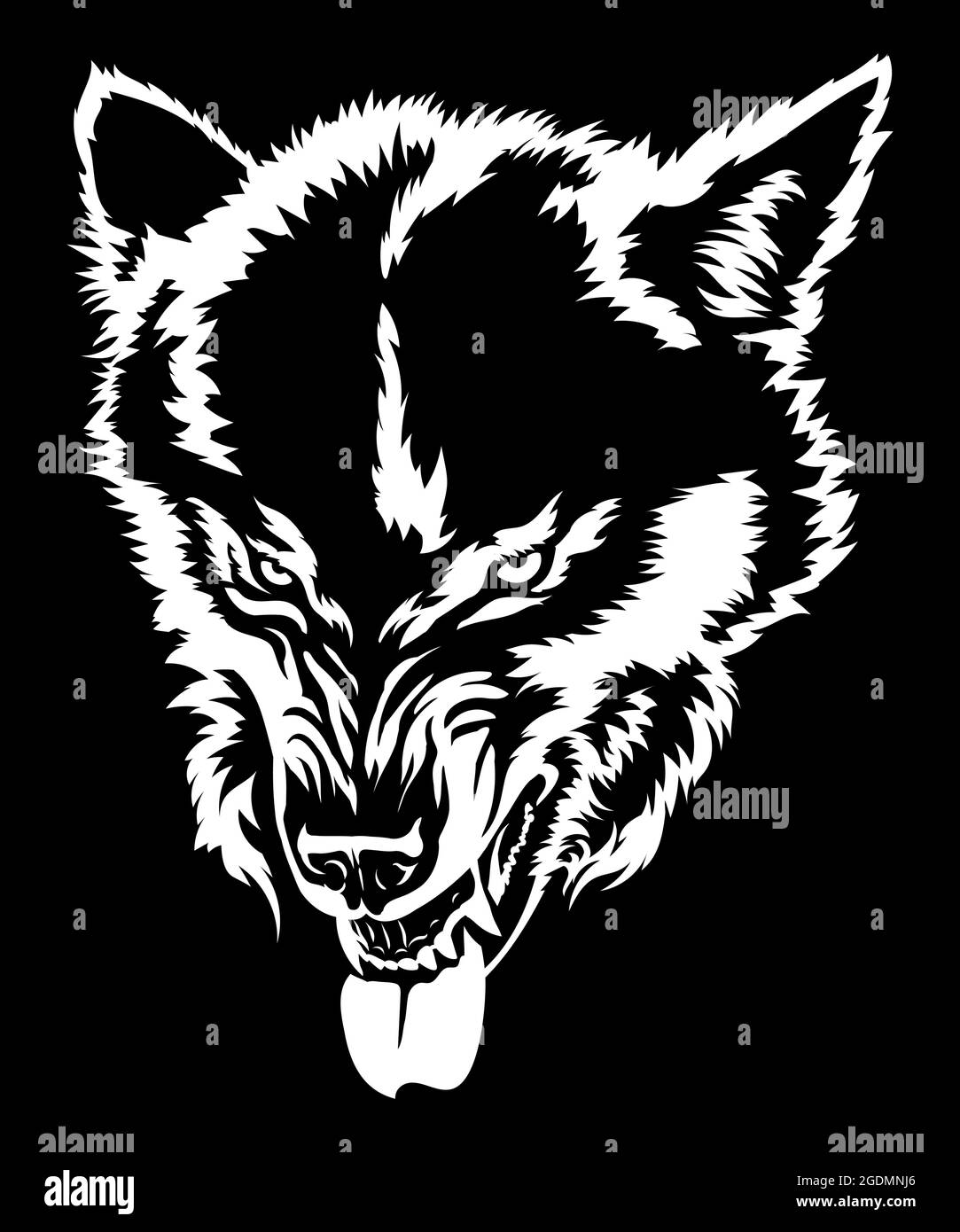 Le loup en colère montre les dents, le grin du loup, la tête du loup, le dessin noir et blanc pour le t-shirt. Dessin sur fond noir Illustration de Vecteur