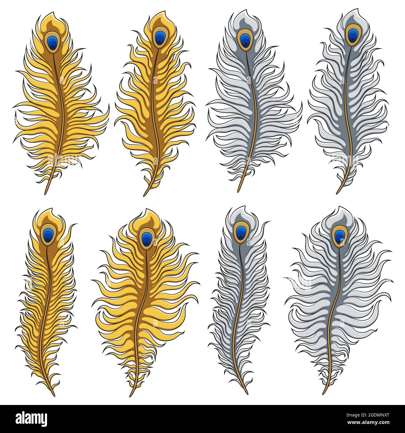 Ensemble d'images vectorielles de plumes de paon d'or et d'argent. Objets isolés sur fond blanc. Illustration de Vecteur