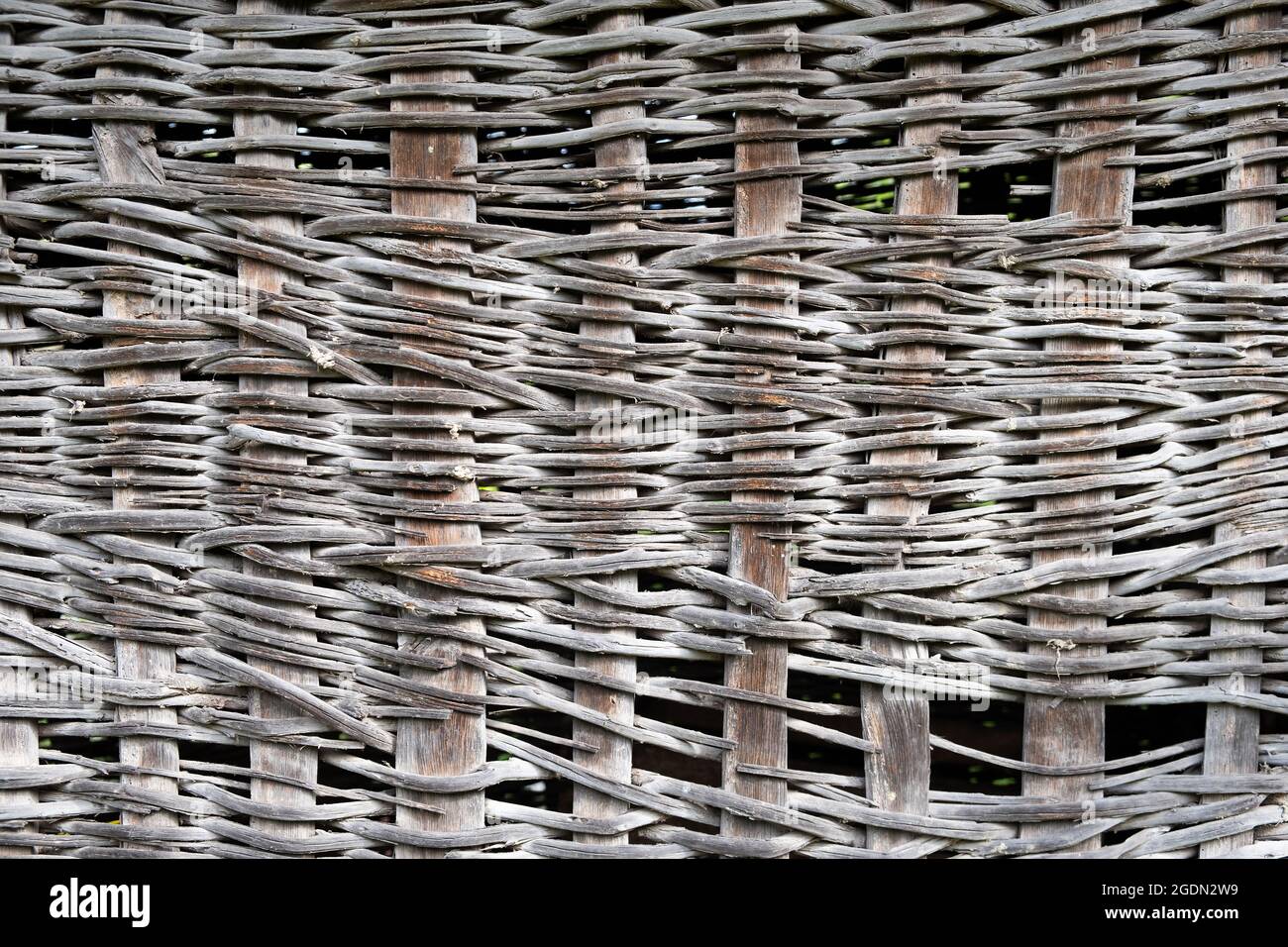 Gros plan d'un mur tricoté fait de branches en bois utilisées pour stocker le maïs dans les villages dans l'ancien temps Banque D'Images