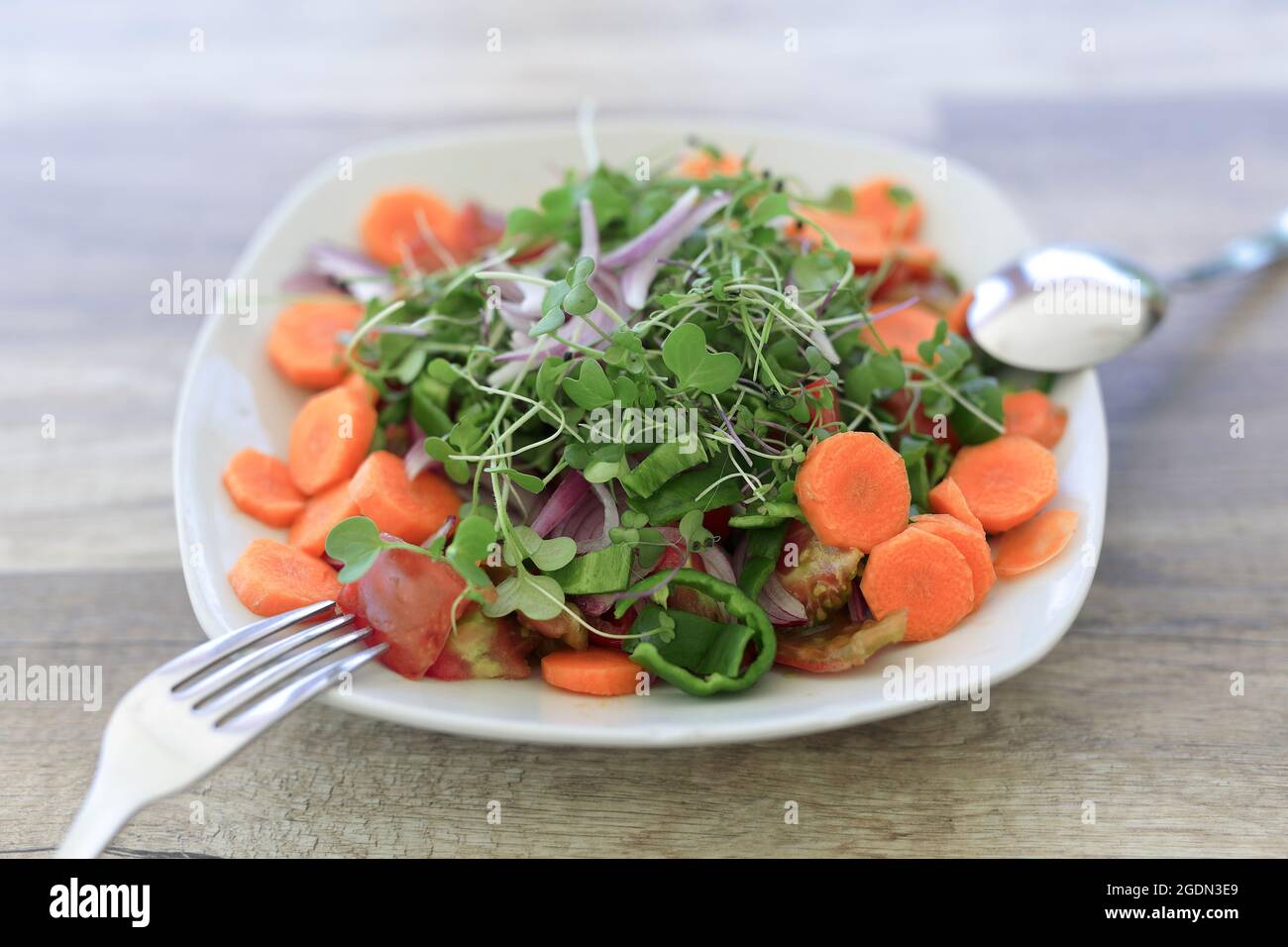 Salade végétalienne avec produits biologiques d'Alicante, sur une table en bois naturel. Banque D'Images