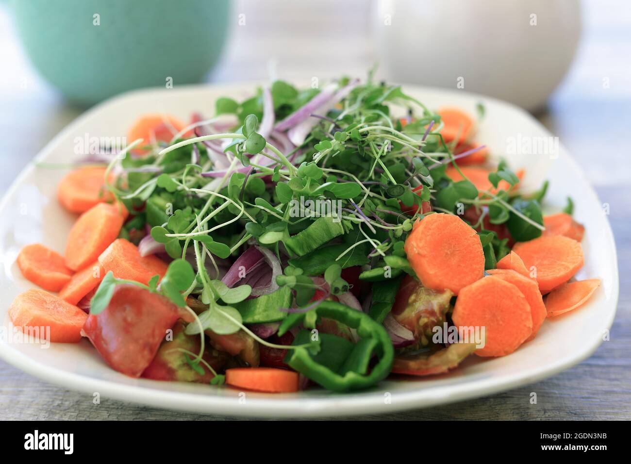 Assiette à salade avec légumes biologiques produits en Espagne sur fond de bois Banque D'Images