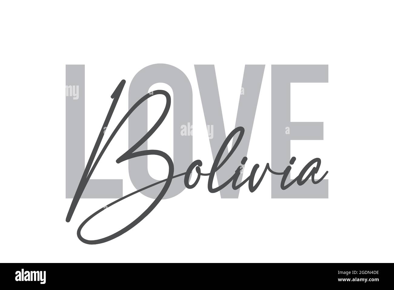 Conception typographique moderne, simple et minimaliste d'un dicton « Love Bolivia » dans des tons de gris. Art vectoriel graphique cool, urbain, tendance et ludique avec Banque D'Images