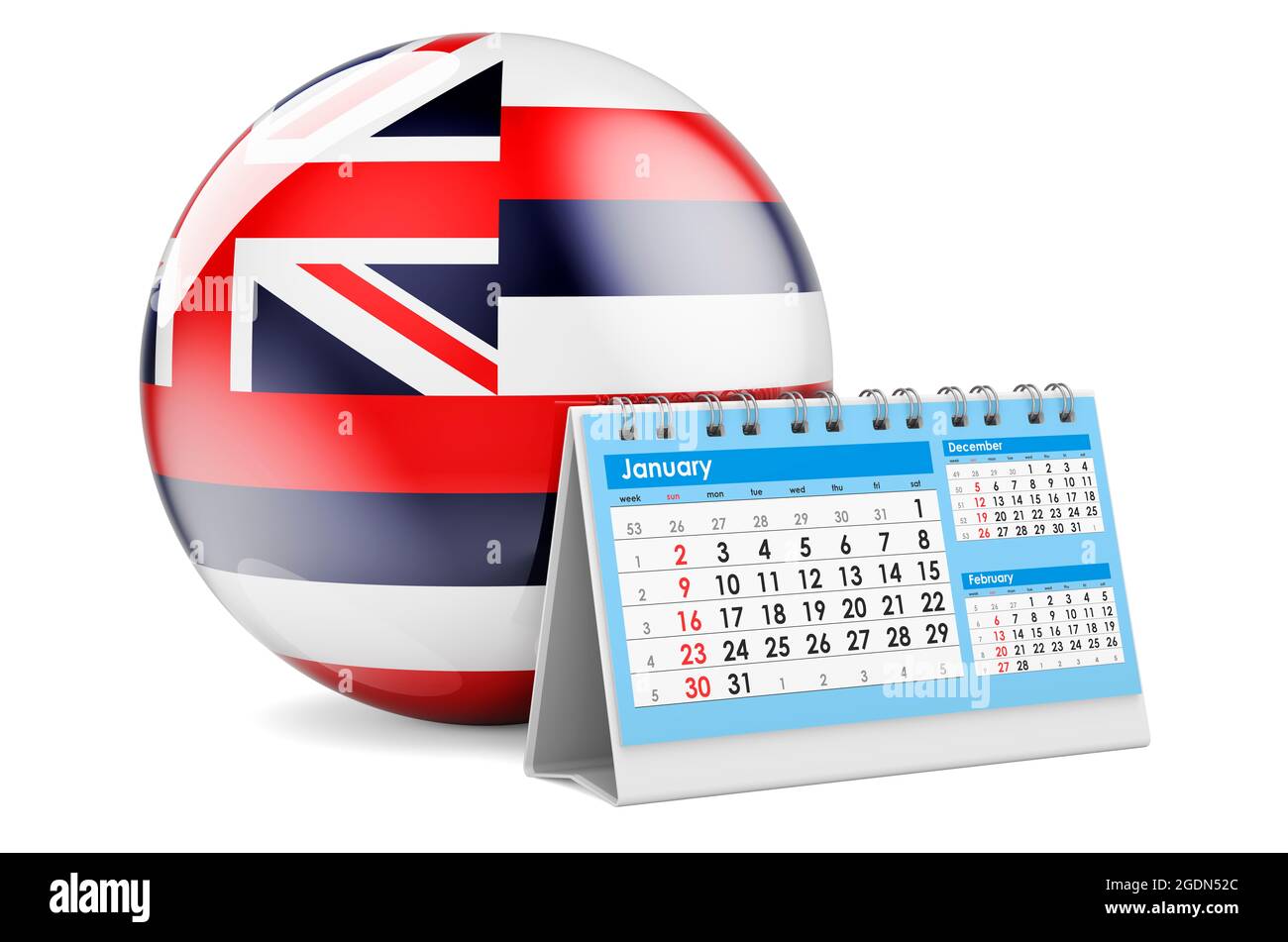 Calendrier du bureau avec drapeau hawaïen. Rendu 3D isolé sur fond blanc Banque D'Images