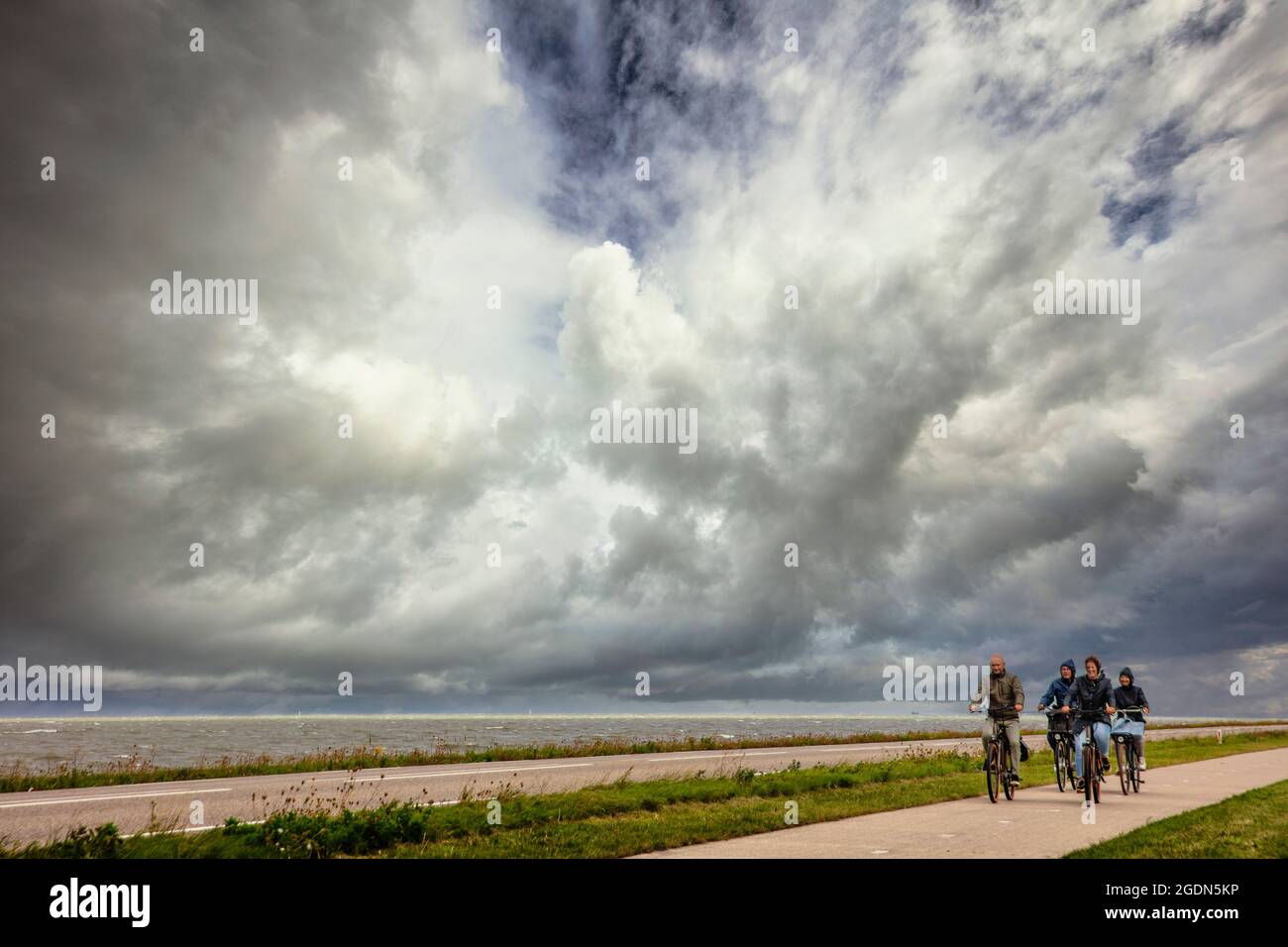 Pays-Bas, Lelystad, Flevopoder, terres récupérées, à environ 3 mètres (9.8 pieds) sous le niveau de la mer. Digue le long du lac Markermeer. Cyclistes. Banque D'Images