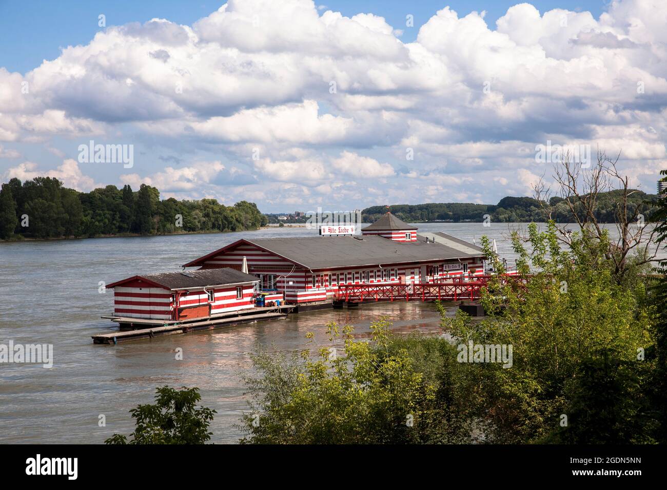 Le restaurant Alte Liebe, situé sur la rive du Rhin, dans le quartier de Rodenkirchen, Cologne, Allemagne. das Bootshaus-Restaurant Alte Lieb Banque D'Images