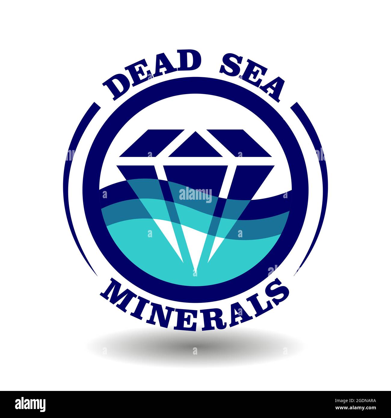Logo rond créatif Dead Sea Minerals avec icône en forme de losange en cristal représentant un cercle bleu océanique, l'étiquette d'emballage du produit contient un symbole transparent Illustration de Vecteur