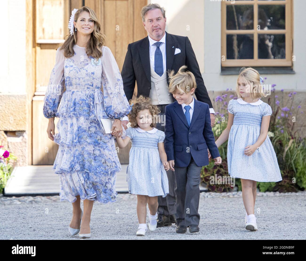 Stockholm, Suède. 14 août 2021. Princesse Madeleine , Chris Oneil, princesse Adrienne, prince Leonore, prince Nicolas assistant au baptême du prince Julien à la chapelle du palais Drottningholm à l'extérieur de Stockholm, Suède, le 14 août 2021. Photo de Johan Valkonen/Stella Pictures/ABACAPRESS.COM crédit: Abaca Press/Alay Live News Banque D'Images