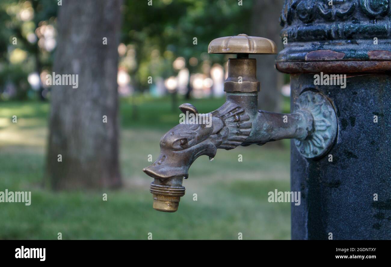 Puits d'eau dans le parc en été, système de pompage, gros plan et vue  latérale d'un magnifique robinet en métal bronze. Fait partie d'un ancien  robinet extérieur en fer. Cliquez sur Photo