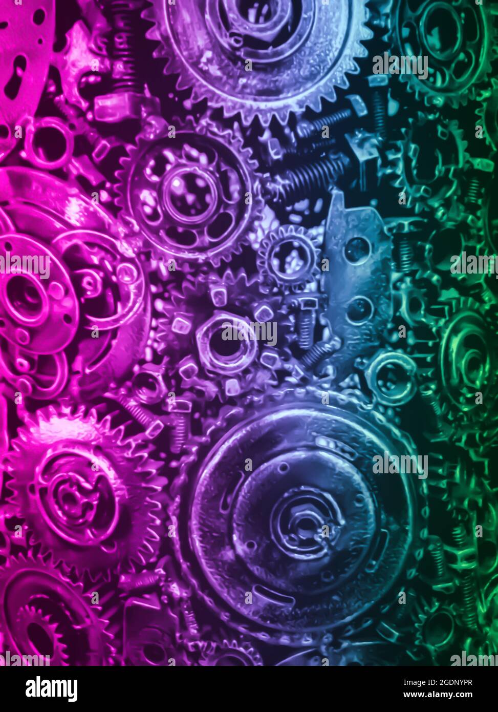 Contexte technologique, moderne, mécanisme. Aucun foyer, néon, arrière-plan industriel avec différents types d'engrenages et de mécanismes métalliques. Abstrait, machin Banque D'Images