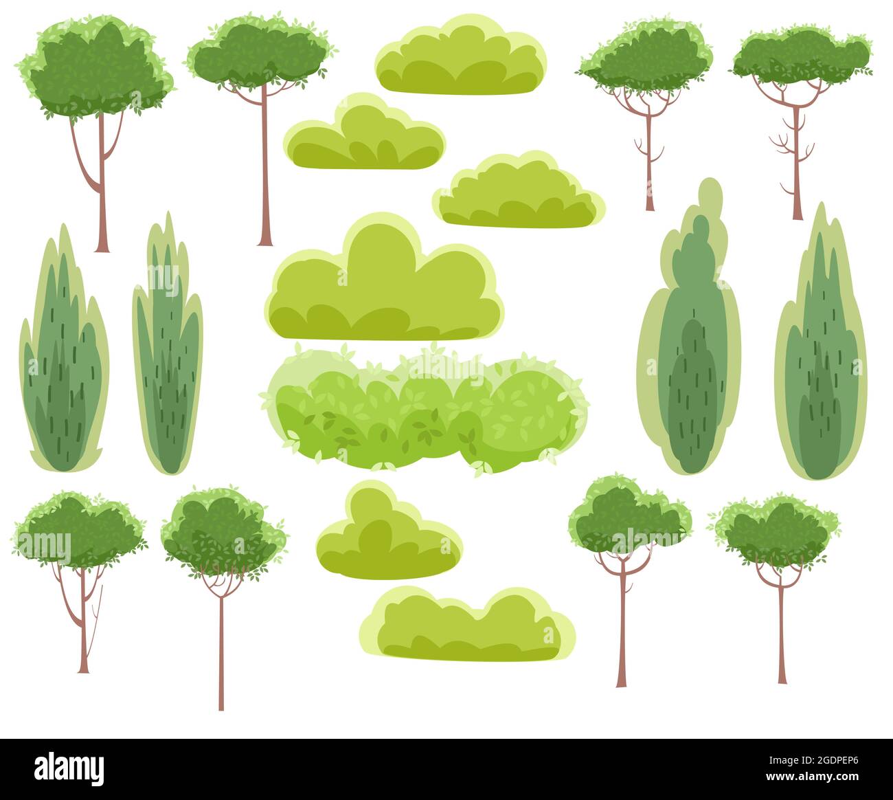 Définir. Rustique été belles plantes. Vert. Style de dessin animé. Arbres et arbustes. Isolé sur fond blanc. Beauté romantique. Illustration de la conception plate Illustration de Vecteur