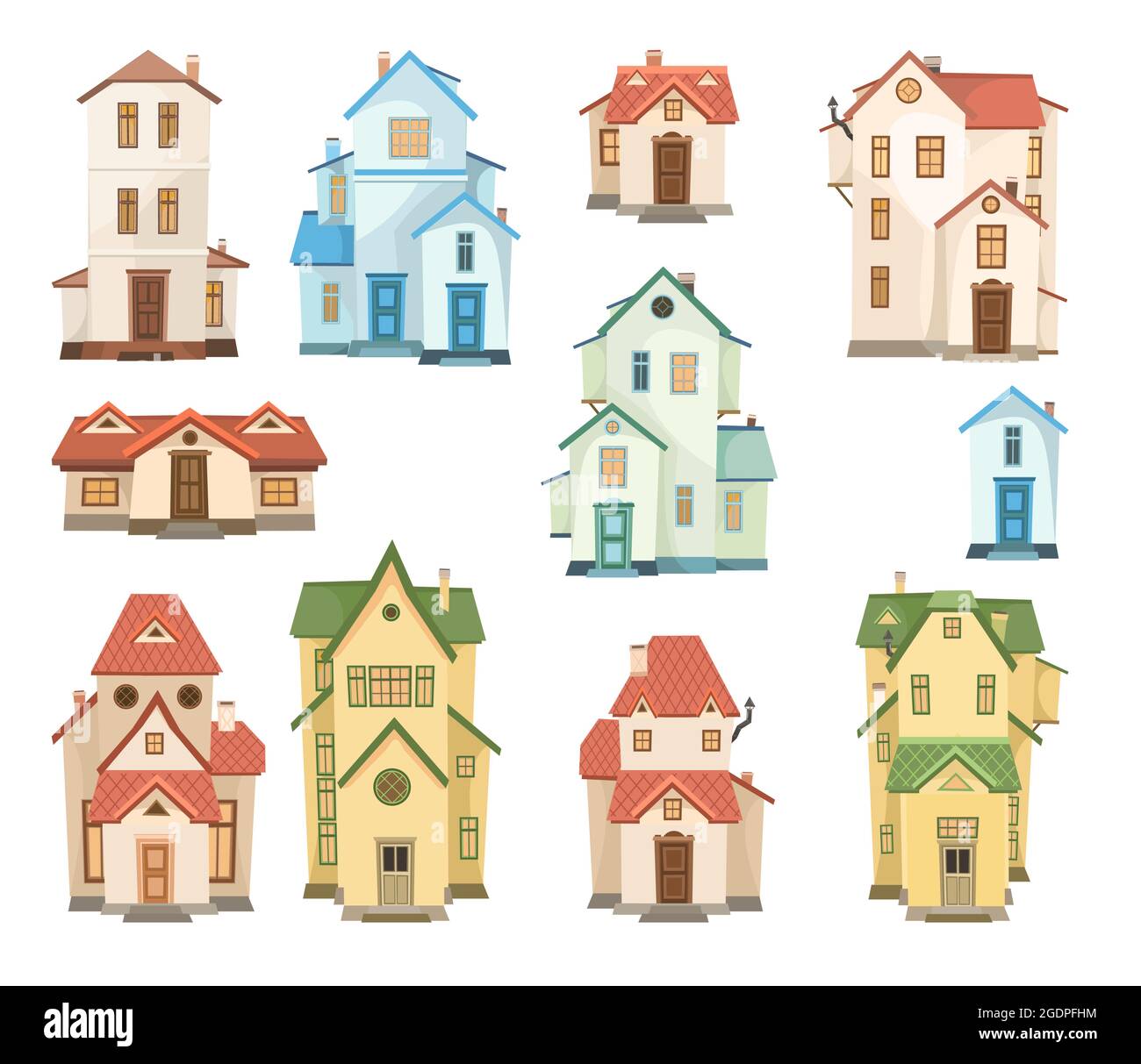 Maison de dessin animé. Définir. Une belle et confortable maison de campagne dans un style européen traditionnel. Collection de jolies maisons drôles. Isolé sur fond blanc Illustration de Vecteur