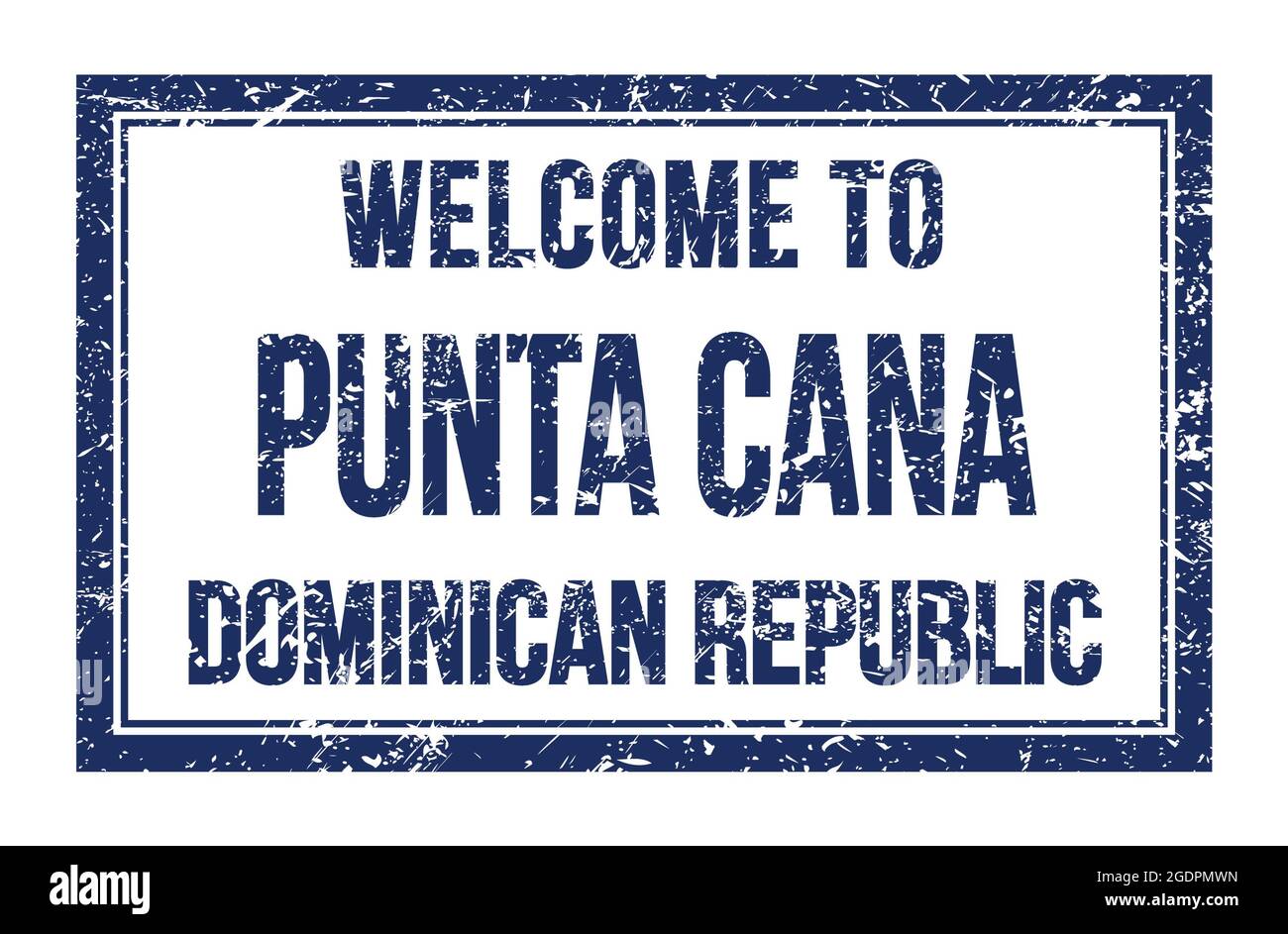 BIENVENUE À PUNTA CANA - RÉPUBLIQUE DOMINICAINE, mots écrits sur le timbre de poste rectangle bleu Banque D'Images