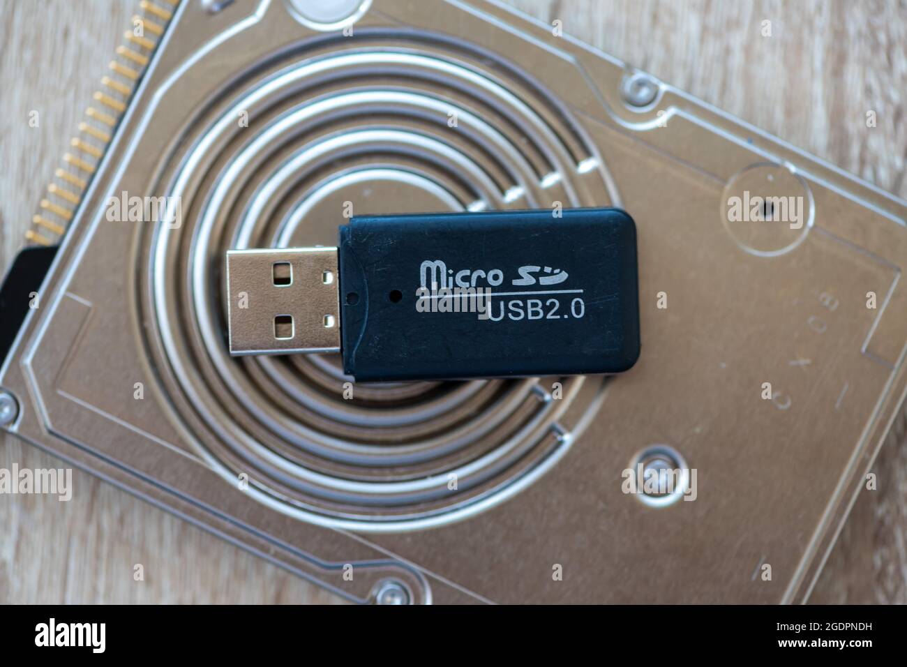 Gros plan d'un adaptateur micro SD vers SD sur un disque dur, stylet USB Banque D'Images