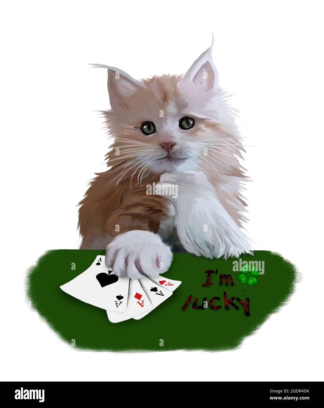 Chat drôle avec un poker d'as et un trèfle à quatre feuilles. Image recto sur fond blanc. Peinture numérique Banque D'Images