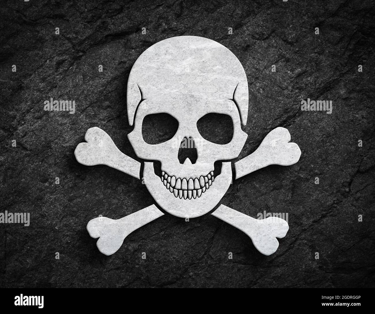 Symbole du crâne de pirate humain avec symbole des crossos en pierre sur fond de mur de pierre sombre Banque D'Images