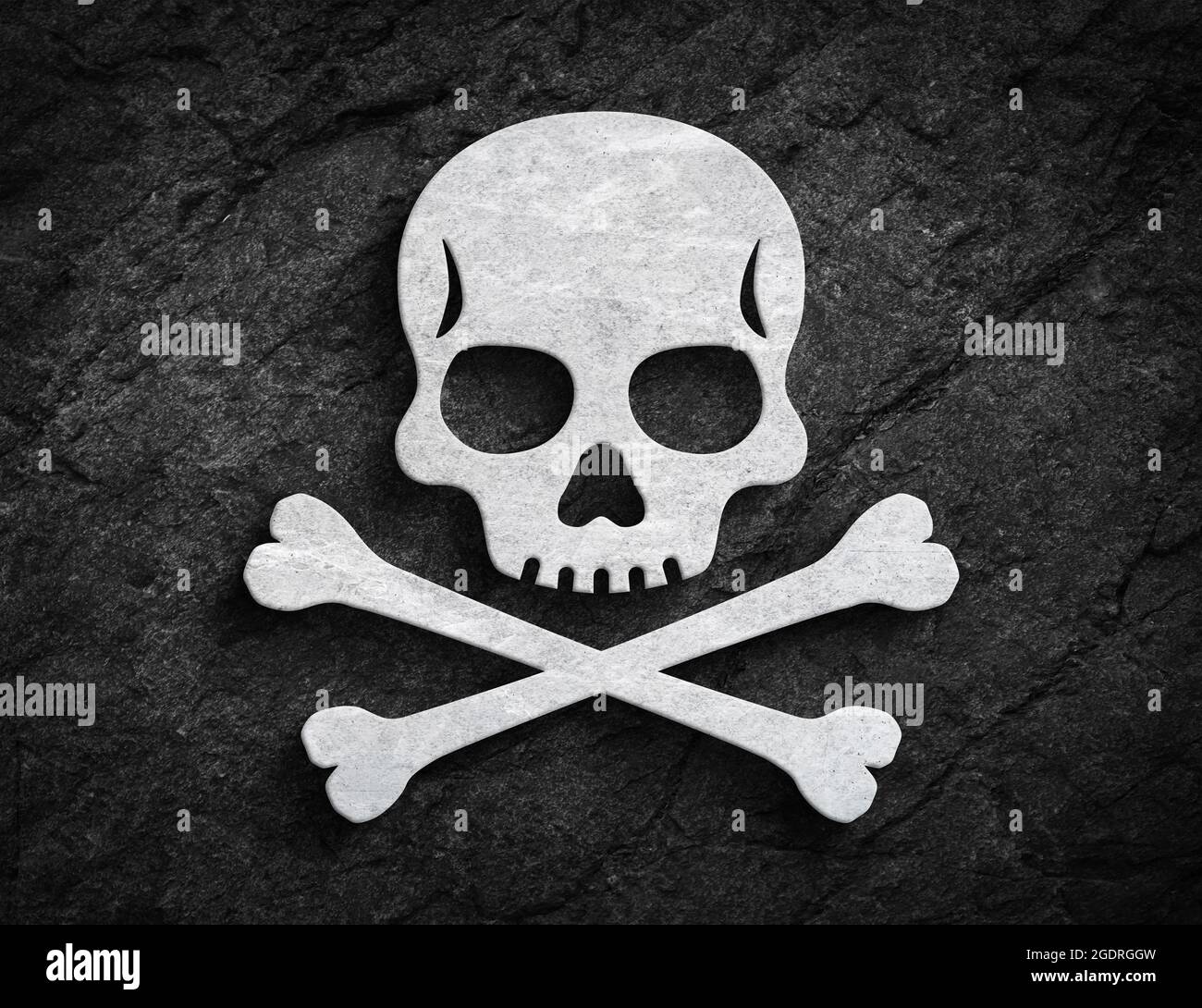 Icône du crâne humain avec des crossbone poison et le symbole jolly roger sur fond de mur de pierre sombre Banque D'Images