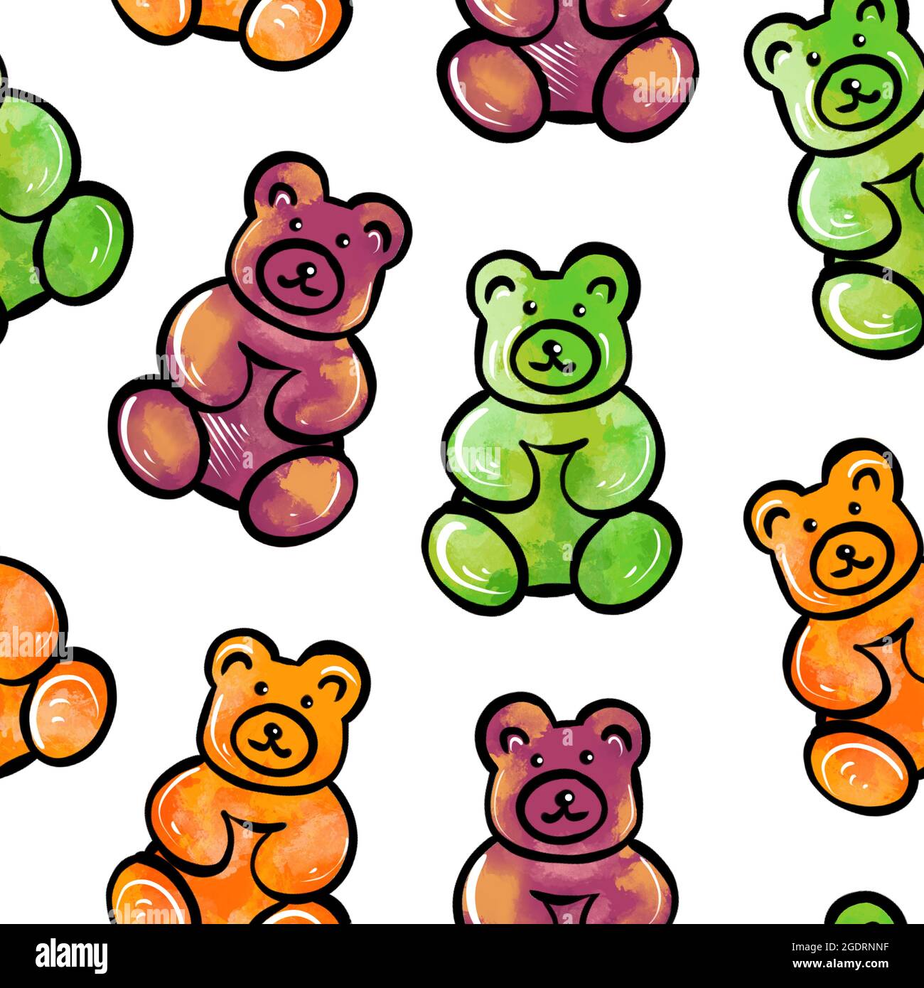 Illustration numérique d'un motif sans couture de bonbons en gelée sous forme d'ours en peluche colorés sur fond blanc. Illustration de haute qualité Banque D'Images