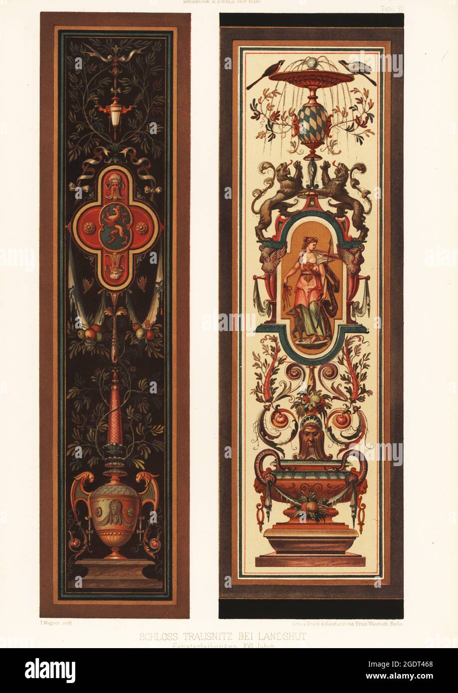 Fenêtres embrasures, Château de Trausnitz, Landshut, Allemagne, XVIe siècle. Fosterlaibungen, Schloss Trausnitz BEI Landshut, XVI Jahrh. Chromolithograph de I. Wagner, de Farbige decorationen, Alter und Never Zeit (Color decoration, Ancient and New eras), Ernst Wasmuth, Berlin, 1889. Banque D'Images