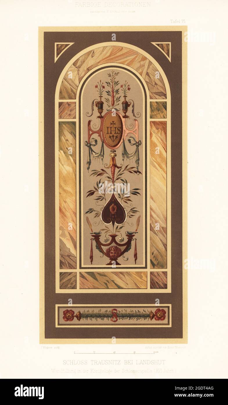 Panneau mural du pavillon du roi dans la chapelle du château de Trausnitz, Landshut, Allemagne, XVIe siècle. Wandfullung in der Konigsloge der Schlosscapelle, Schloss Trausnitz BEI Landshut XVI Jahrh. Chromolithograph de I. Wagner, de Farbige decorationen, Alter und Never Zeit (Color decoration, Ancient and New eras), Ernst Wasmuth, Berlin, 1889. Banque D'Images