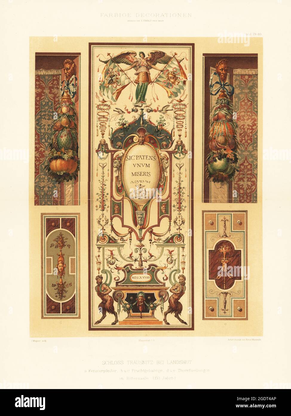 Piliers de fenêtres, pendaisons de fruits et panneaux de porte datés de 1579 dans la salle du chevalier du château de Trausnitz, Landshut, Allemagne, XVIe siècle. Fernsterpfeiler, Fruchtgehaenge, Thuerfuellungen im Rittersaale (XVII Jahrh), Schloss Trausnitz BEI Landshut. Chromolithograph de I. Wagner, de Farbige decorationen, Alter und Never Zeit (Color decoration, Ancient and New eras), Ernst Wasmuth, Berlin, 1889. Banque D'Images