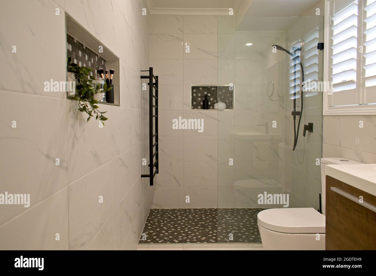 Salle de bains attenante de luxe avec volets de plantation Banque D'Images
