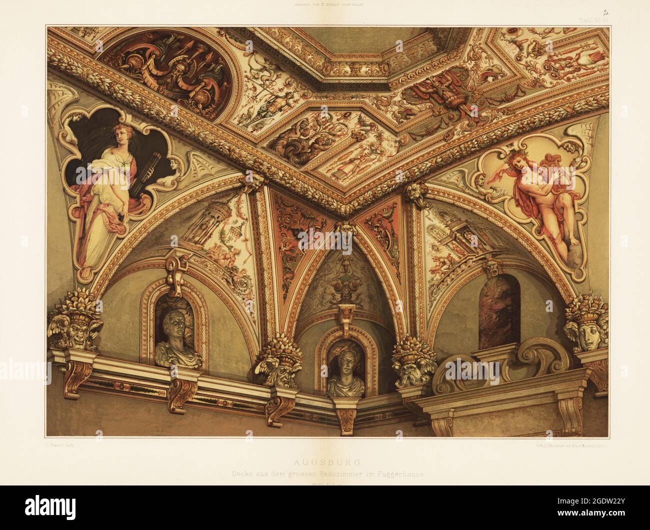 Plafond de la grande salle de bains dans les maisons Fugger, Augsbourg, XVIIe siècle. Decke aus dem grossen Badezimmer à Fuggerhause, Augsbourg, XVII Jahrh. Chromolithographe de L. Mauss de Farbige decorationen, Alter und Never Zeit (décoration de couleur, anciennes et nouvelles époques), Ernst Wasmuth, Berlin, 1896. Banque D'Images