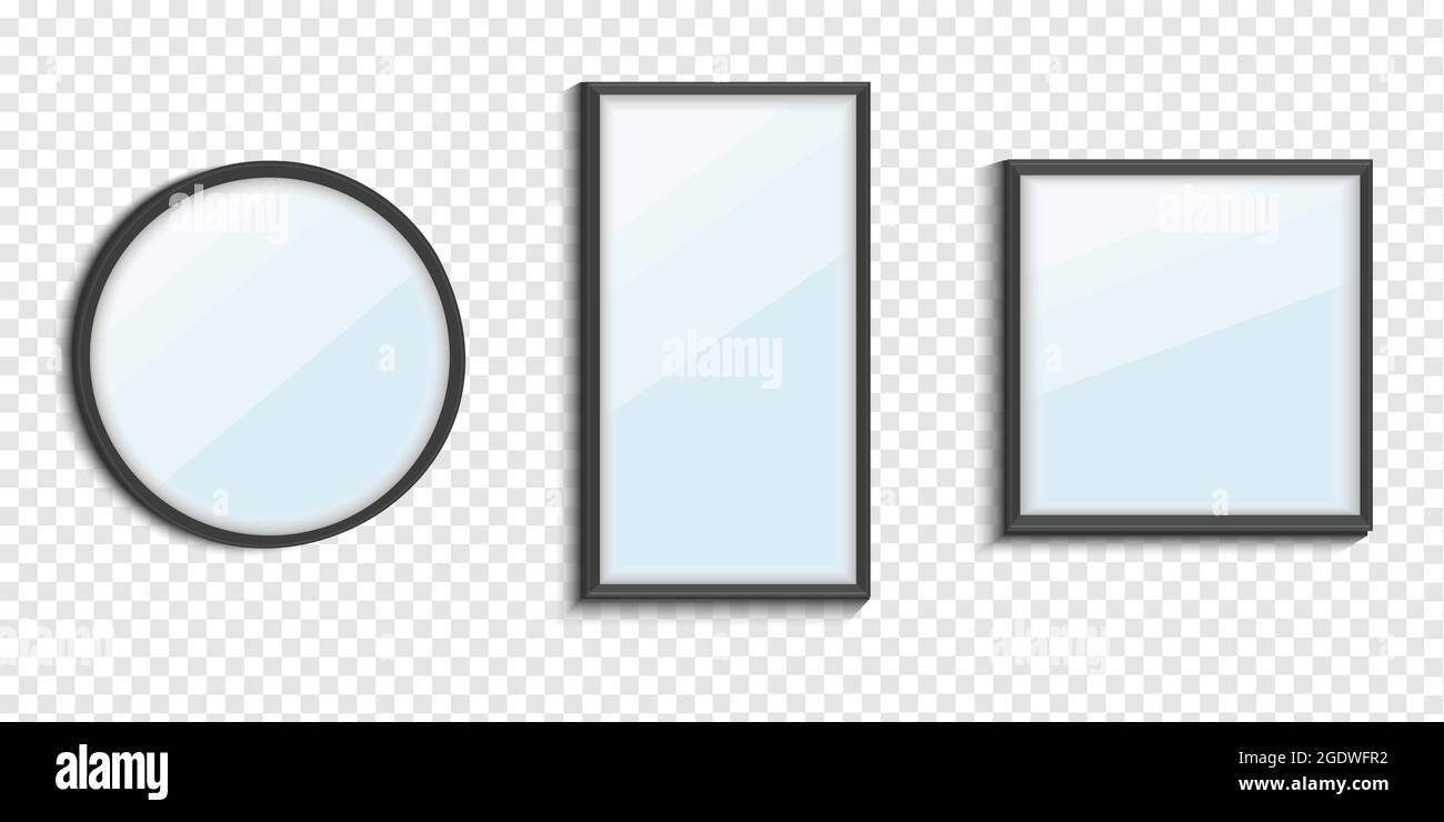 Ensemble de miroirs de différentes formes isolées. Cadre de rétroviseur, modèle de rétroviseurs. Design pour meubles d'intérieur. Surfaces en verre réfléchissant isolées. Illustration de Vecteur