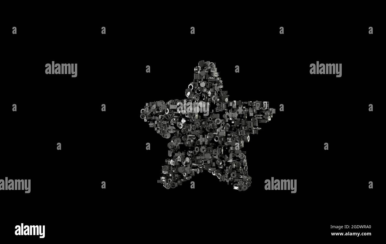rendu 3d de diverses pièces mécaniques en métal brillant en forme de symbole d'étoile avec des points arrondis isolés sur fond noir Banque D'Images